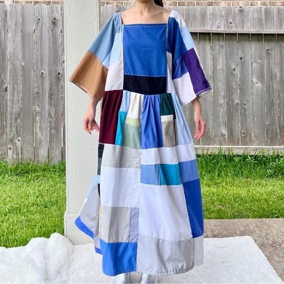 Handmade Quilted Patchwork Colorblock Dress SKU 06046 Blue Mixed - Picture 10 of 10